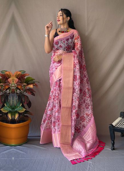 Pink Organza Floral Digitally Printed Festive-Wear Saree
