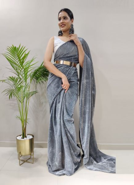 Gray Imported Glittering Net Ready-To-Wear Saree With Belt