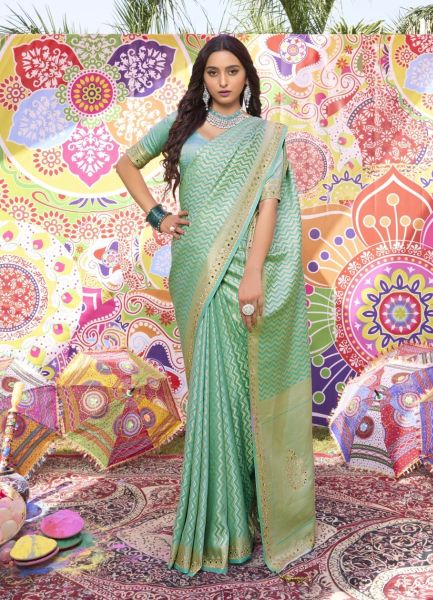 Mint Green Woven Satin Silk Party-Wear Boutique-Style Saree
