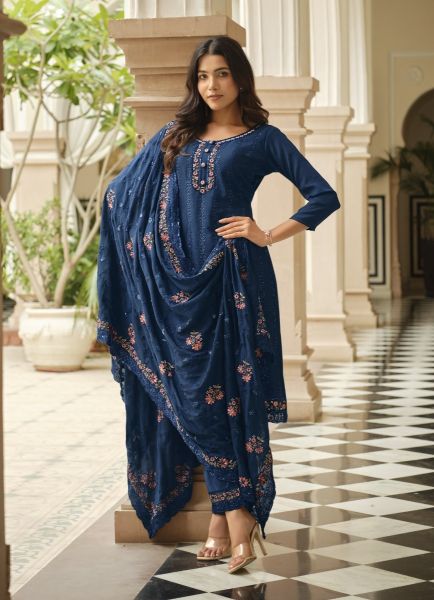 Blue Chinon Sequins-Work Ramadan Special Pant-Bottom Readymade Salwar Kameez