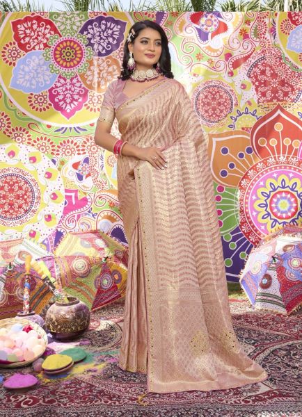 Light Pink Woven Satin Silk Party-Wear Boutique-Style Saree