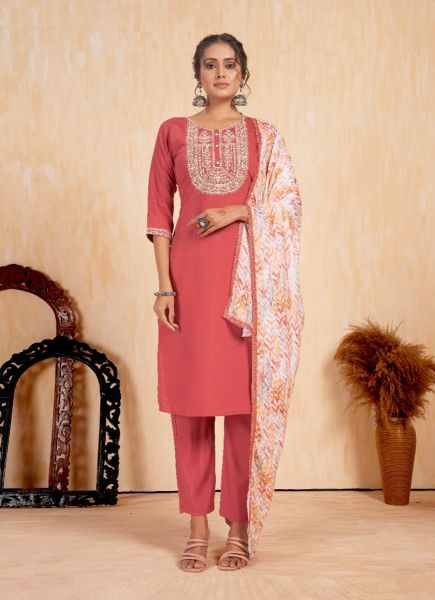 Coral Red Romal Viscose Silk Printed Festive-Wear Pant-Bottom Readymade Salwar Kameez