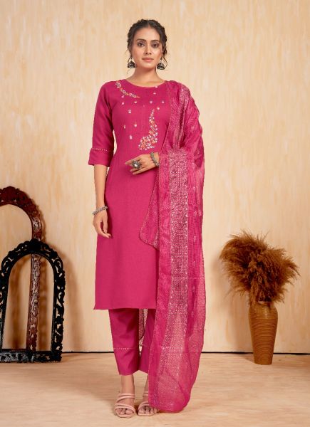 Dark Pink Rayon Thread-Work Festive-Wear Pant-Bottom Readymade Salwar Kameez