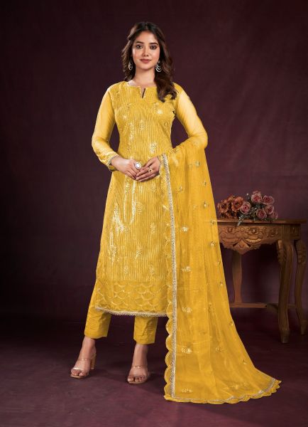 Yellow Two Tone Net Sequins-Work Party-Wear Straight-Cut Salwar Kameez