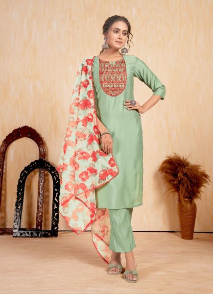 Sage Green Roman Silk Printed Festive-Wear Pant-Bottom Readymade Salwar Kameez