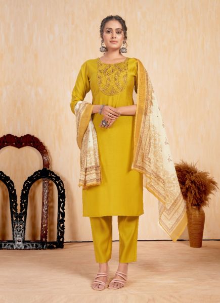 Yellow Roman Silk Printed Festive-Wear Pant-Bottom Readymade Salwar Kameez
