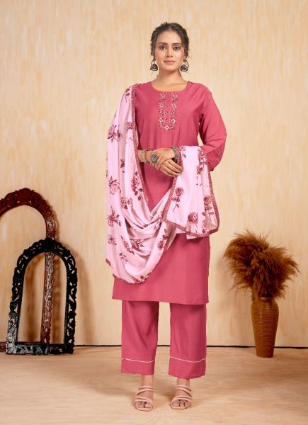 Dark Pink Roman Silk Printed Festive-Wear Pant-Bottom Readymade Salwar Kameez