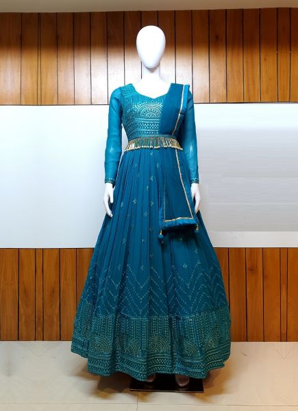 Sea Blue Pure Georgette Party-Wear Readymade Gown With Dupatta [With Belt]