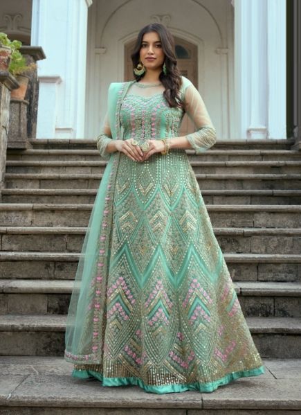 Light Mint Green Net Embroidered Party-Wear Floor-Length Salwar Kameez