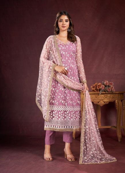Pink Net Cotton Sequins-Work Ramadan Special Straight-Cut Salwar Kameez