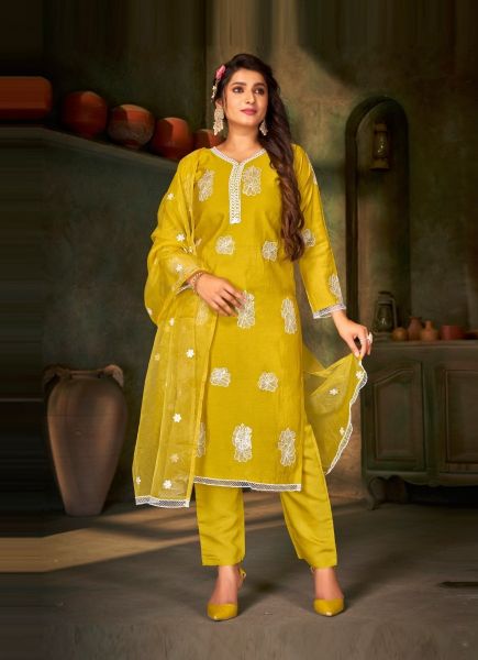 Yellow Silk Chikankari-Work Party-Wear Organza-Dupatta Readymade Salwar Kameez