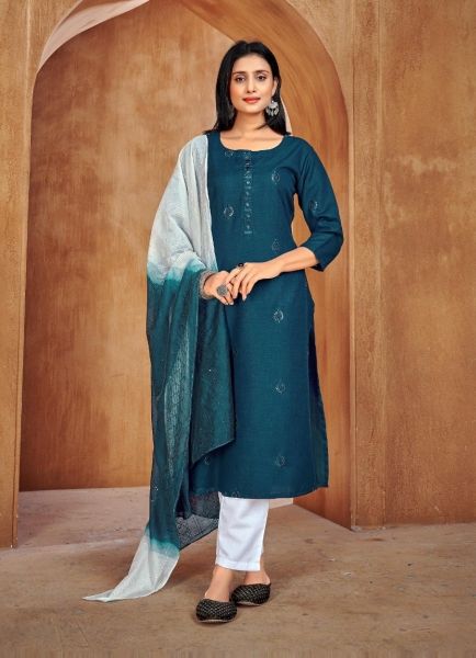 Sea Blue Cotton With Embroidery & Sequins Work Office-Wear Pant-Bottom Readymade Salwar Kameez