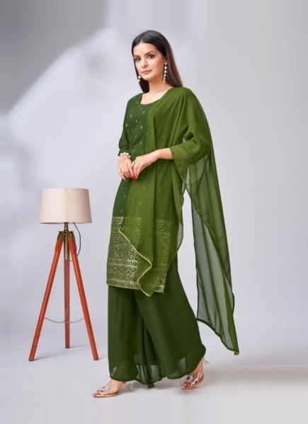 Olive Green Georgette Embroidered Party-Wear Palazzo-Bottom Readymade Salwar Kameez