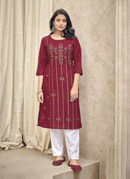 Burgundy Cotton With Foil-Print Festive-Wear Readymade Kurti With Pant