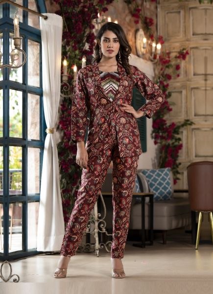 Wine Red Jam Satin Printed Party-Wear Readymade Co-Ord Set