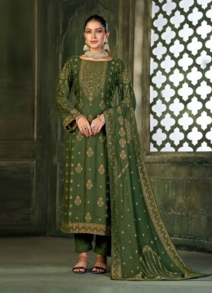 Green Viscose Thread-Work Festive-Wear Straight-Cut Salwar Kameez