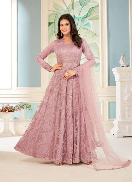 Mauve Pink Net Embroidered Party-Wear Floor-Length Salwar Kameez