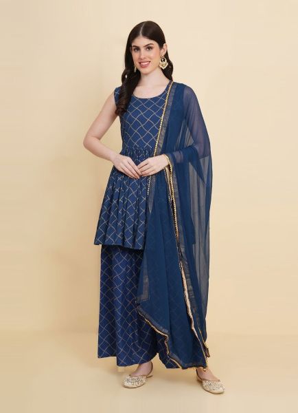 Blue Cotton Printed Summer-Wear Trending Readymade Salwar Kameez