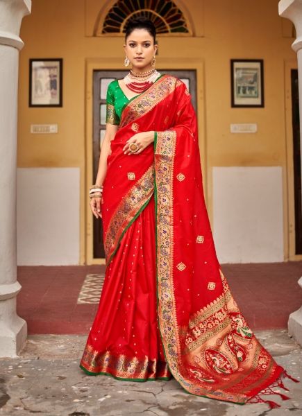 Red Silk Weaving Festive-Wear Handloom Saree