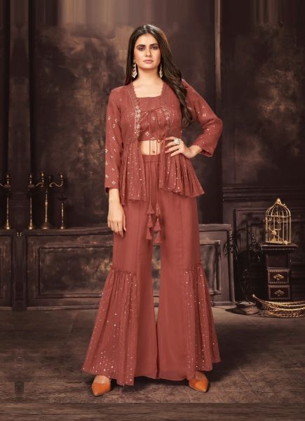 Brown Rust Georgette & Chinon Readymade Indo-Western Outfit