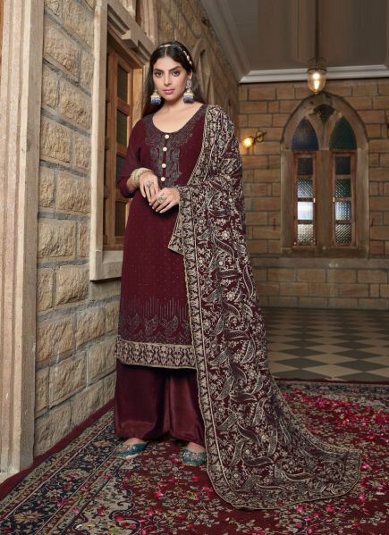 Dark Maroon Georgette Embroidered Straight-Cut Salwar Kameez For Traditional / Religious Occasions