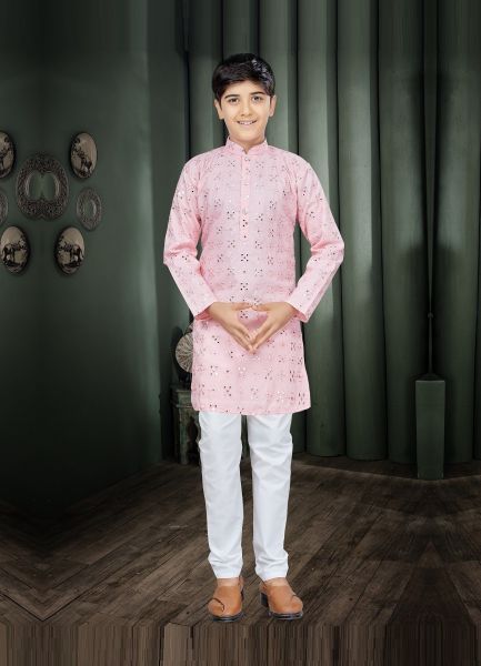 Pink Cotton With Mirror-Work Festive-Wear Readymade Kids Kurta With Pyjama