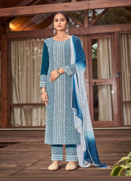 Sea Blue Rayon Embroidery, Sequins & Schiffli-Work Festive-Wear Pant-Bottom Readymade Salwar Kameez