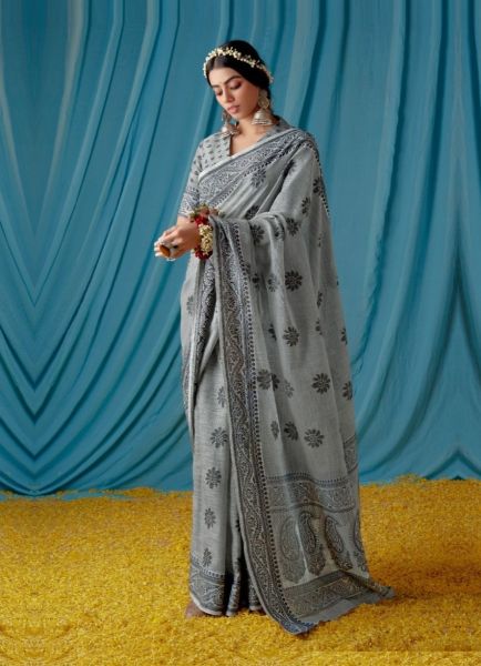 Gray Linen-Cotton Printed Office-Wear Saree
