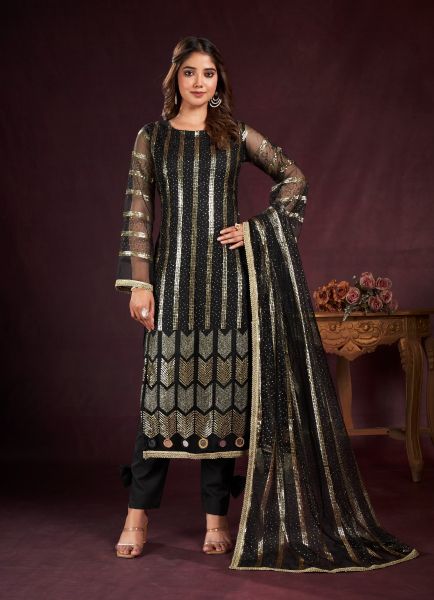 Black Two Tone Net Sequins-Work Ramadan Special Straight-Cut Salwar Kameez
