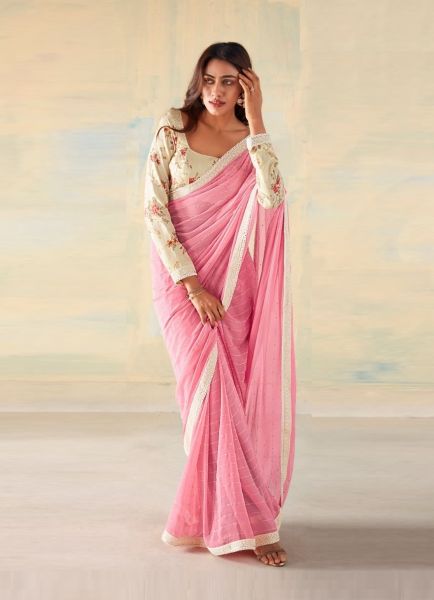 Pink Georgette Weaving Party-Wear Fashionable Saree