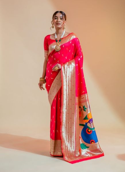Pink Red Paithani Silk Party-Wear Saree