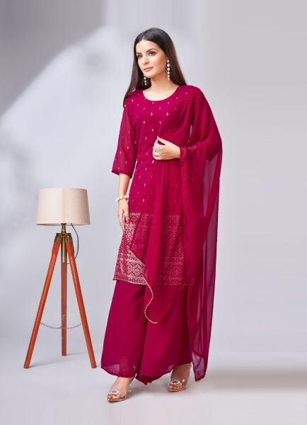 Purplish Red Georgette Embroidered Party-Wear Palazzo-Bottom Readymade Salwar Kameez