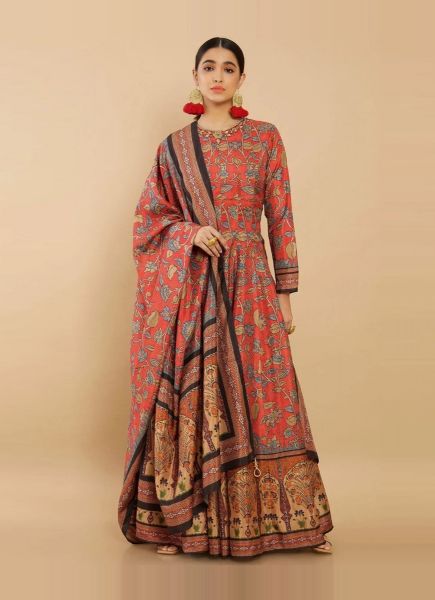 Orange Red Silk Digitally Printed Readymade Gown With Dupatta For Traditional / Religious Occasions