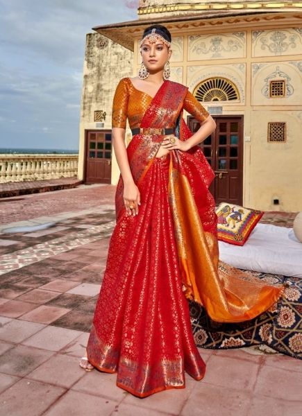 Red Silk Weaving Festive-Wear Handloom Saree