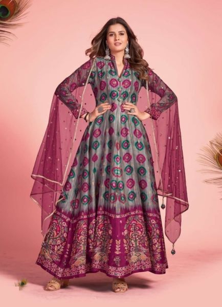 Gray & Magenta Pure Dola Silk With Jacquard Butti Readymade Gown With Dupatta