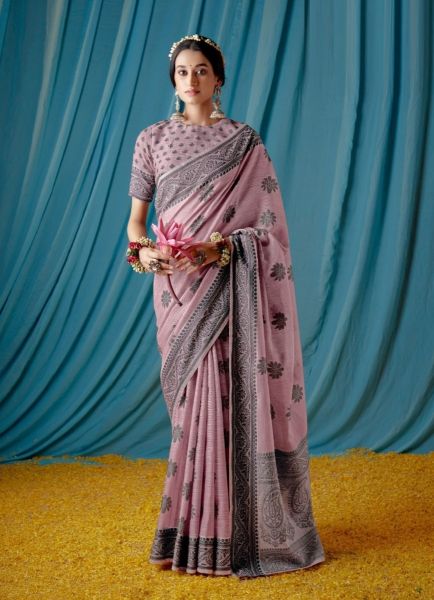 Dull Pink Linen-Cotton Printed Office-Wear Saree