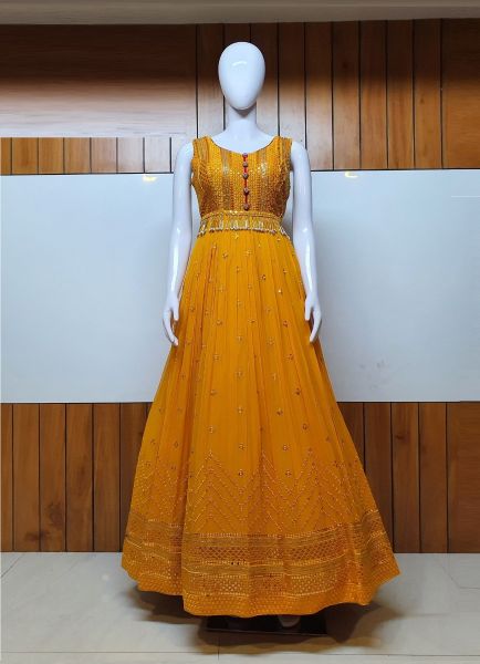 Orange Pure Georgette Party-Wear Readymade Gown With Dupatta [With Belt]