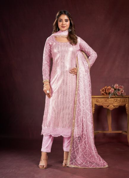 Light Pink Two Tone Net Sequins-Work Party-Wear Straight-Cut Salwar Kameez