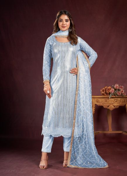 Light Sky Blue Two Tone Net Sequins-Work Party-Wear Straight-Cut Salwar Kameez
