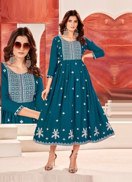 Sea Blue Rayon Sequins & Thread-Work Readymade Anarkali Kurti For Traditional / Religious Occasions