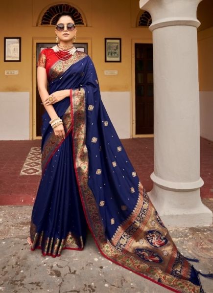 Blue Silk Weaving Festive-Wear Handloom Saree