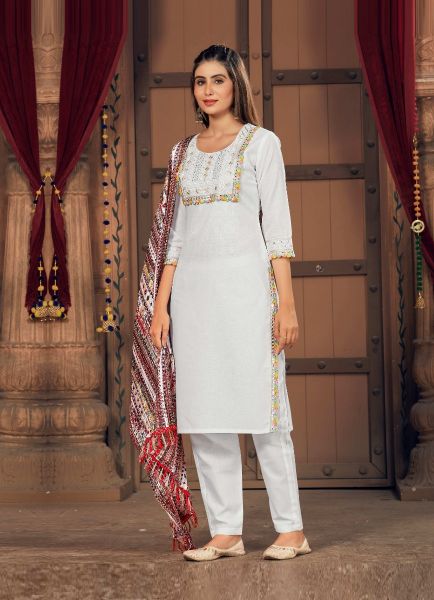 White Cotton With Gamthi-Work Navratri Special Readymade Pant-Bottom Salwar Kameez