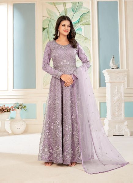 Lilac Net Embroidered Party-Wear Floor-Length Salwar Kameez