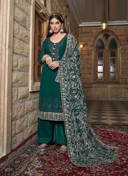 Teal Green Georgette Embroidered Straight-Cut Salwar Kameez For Traditional / Religious Occasions