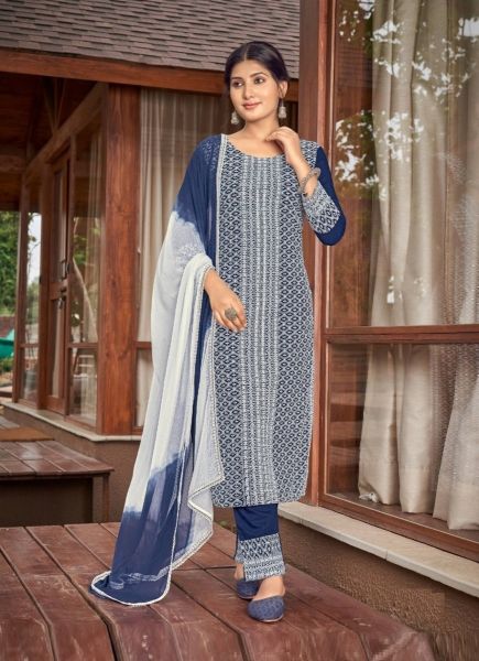Midnight Blue Rayon Embroidery, Sequins & Schiffli-Work Festive-Wear Pant-Bottom Readymade Salwar Kameez