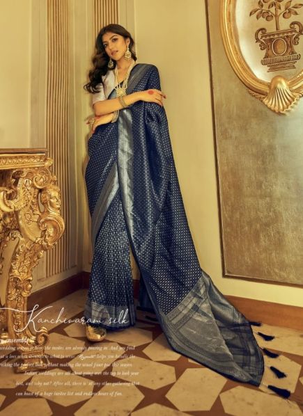 Midnight Blue Kanjivaram Silk Weaving Festive-Wear Saree