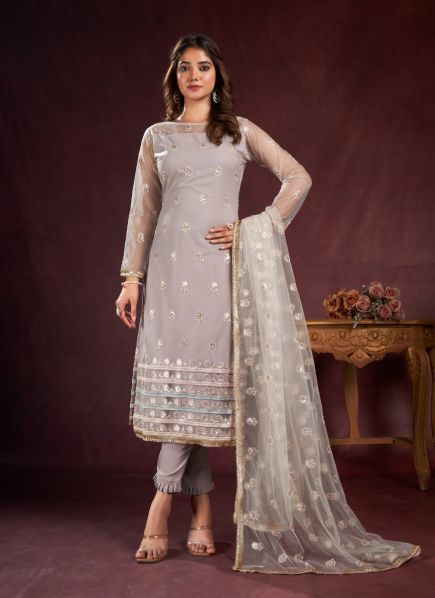 Off White Two Tone Net Sequins-Work Ramadan Special Straight-Cut Salwar Kameez
