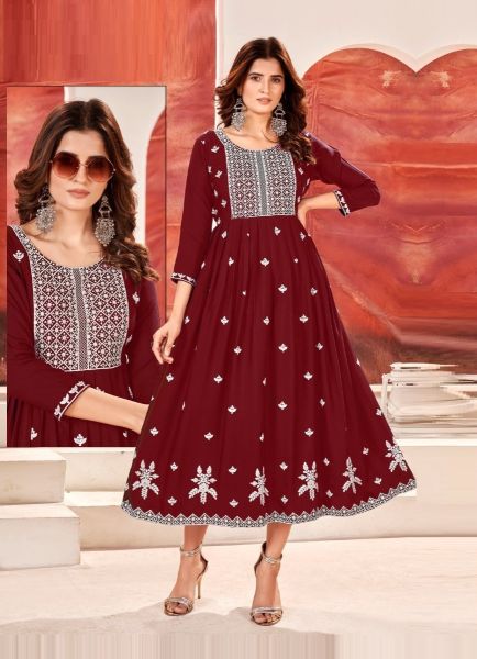 Maroon Rayon Sequins & Thread-Work Readymade Anarkali Kurti For Traditional / Religious Occasions