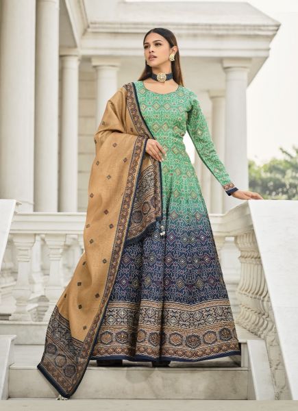 Mint Green & Blue Silk Bandhani Printed Party-Wear Readymade Gown With Dupatta
