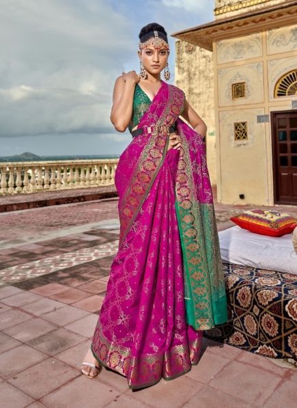 Magenta Silk Weaving Festive-Wear Handloom Saree